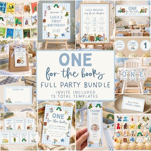 May include: A party bundle featuring book-themed decorations with light blue gingham patterns and illustrations of storybook characters. Includes signs, banners, thank you tags, food labels, and invitations for a first birthday celebration.