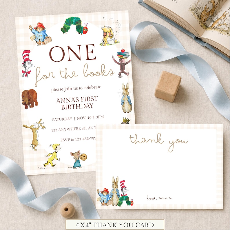May include: A rectangular birthday invitation and a thank you card featuring illustrations of storybook characters. The invitation text reads ONE for the books, please join us to celebrate ANNA'S FIRST BIRTHDAY, SATURDAY, NOV. 10, 3PM.