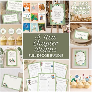 Peut inclure: Un ensemble de décorations pour fête prénatale avec un thème à rayures vertes et blanches et des illustrations de livres pour enfants. Le kit comprend des panneaux, des bannières, des décorations de cupcakes, des jeux et des étiquettes A New Chapter Begins.
