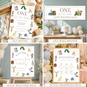 May include: A collection of four children's birthday party stationery items featuring classic storybook character illustrations on a light plaid background, including a 5x7 inch invite, a 6x2 foot wall banner, an 18x24 inch welcome sign, and an 18x24 inch milestone sign.