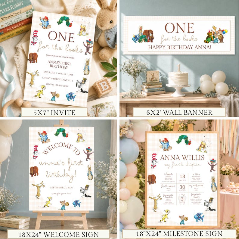 May include: A collection of four children's birthday party stationery items featuring classic storybook character illustrations on a light plaid background, including a 5x7 inch invite, a 6x2 foot wall banner, an 18x24 inch welcome sign, and an 18x24 inch milestone sign.