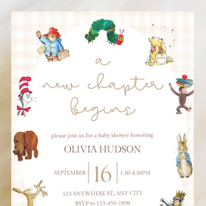 May include: A baby shower invitation card featuring watercolor illustrations of storybook characters including a caterpillar, a bear in a blue coat, a yellow bear, a cat in a hat, a monkey, a brown bear, and a rabbit. Text reads: a new chapter begins.