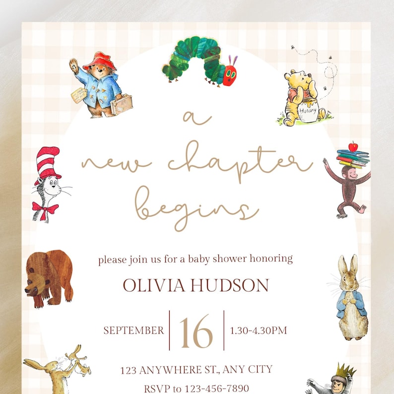 May include: A baby shower invitation card featuring watercolor illustrations of storybook characters including a caterpillar, a bear in a blue coat, a yellow bear, a cat in a hat, a monkey, a brown bear, and a rabbit. Text reads: a new chapter begins.