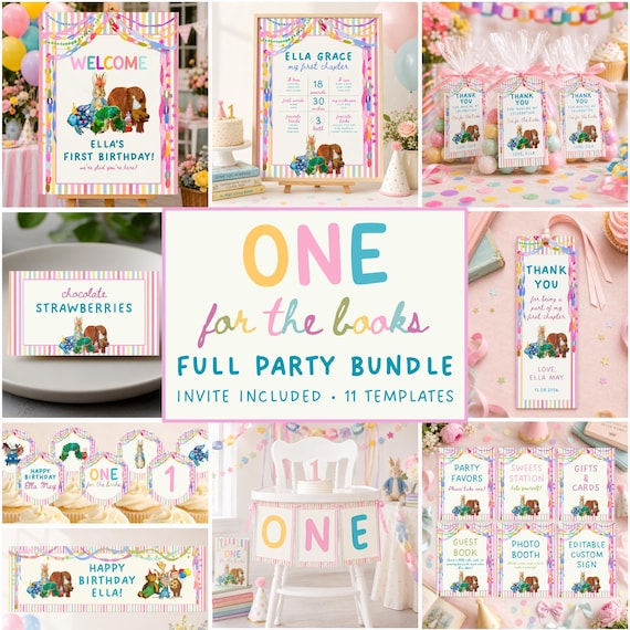 One for the Books First Birthday Bundle, Storybook Birthday Party Decor, Girl 1st Birthday, Editable Canva Templates