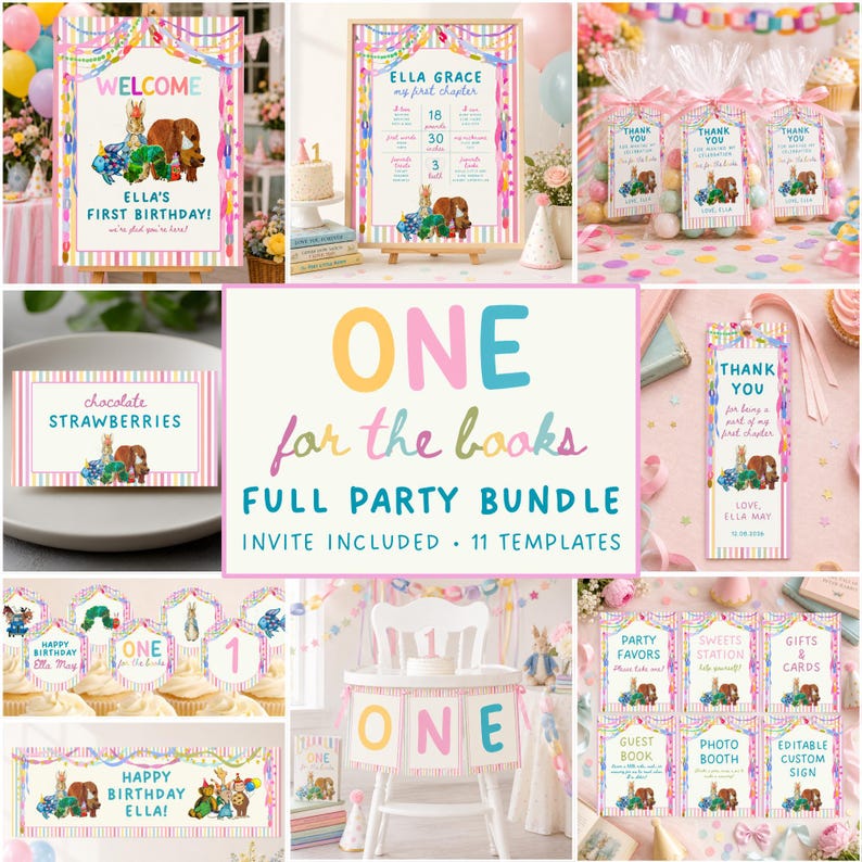 May include: A full party bundle of 11 printable templates for a first birthday, featuring pastel striped borders and illustrations of storybook characters. Includes welcome signs, favor tags, food labels, banners, and various event signage.