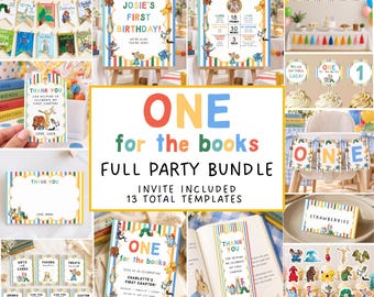 May include: A digital party bundle featuring 13 templates with a book-themed design. The set includes signs, banners, cupcake toppers, thank you tags, and invitations decorated with colourful stripes and illustrations of classic storybook characters.