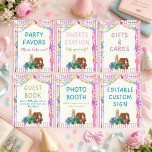 May include: Six rectangular party signs with pastel striped borders and colorful hanging garlands. Each sign features a watercolor illustration of a rabbit and a dog wearing party hats, with text reading Party Favors, Sweets Station, Gifts & Cards, Guest Book, Photo Booth, and Editable Custom Sign.