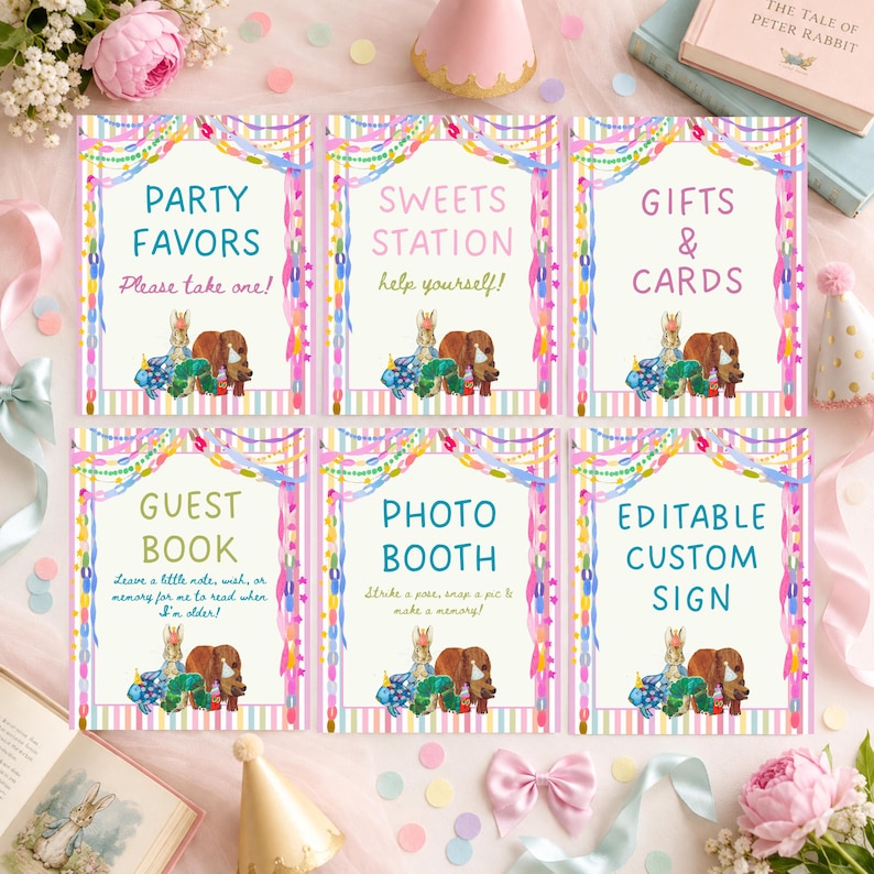 May include: Six rectangular party signs with pastel striped borders and colorful hanging garlands. Each sign features a watercolor illustration of a rabbit and a dog wearing party hats, with text reading Party Favors, Sweets Station, Gifts & Cards, Guest Book, Photo Booth, and Editable Custom Sign.