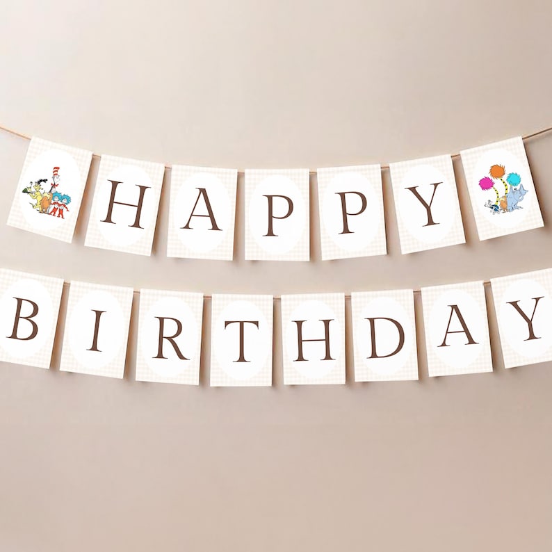 May include: A banner with the words "HAPPY BIRTHDAY" in dark brown letters. The letters are on individual cream-colored square flags with a light brown checkered pattern. The banner is strung on a thin brown string. The flags have cartoon illustrations.