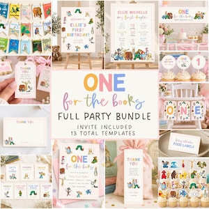 May include: A collection of children's book-themed party decorations including banners, signs, cupcake toppers, thank you tags, and food labels. The items feature colorful illustrations of storybook characters and the text ONE for the books.
