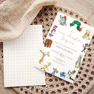 May include: Baby shower invitation with a beige gingham pattern and the text "a new chapter begins." The invitation features illustrations of storybook characters. The date is September 16th, with the time and location details included.