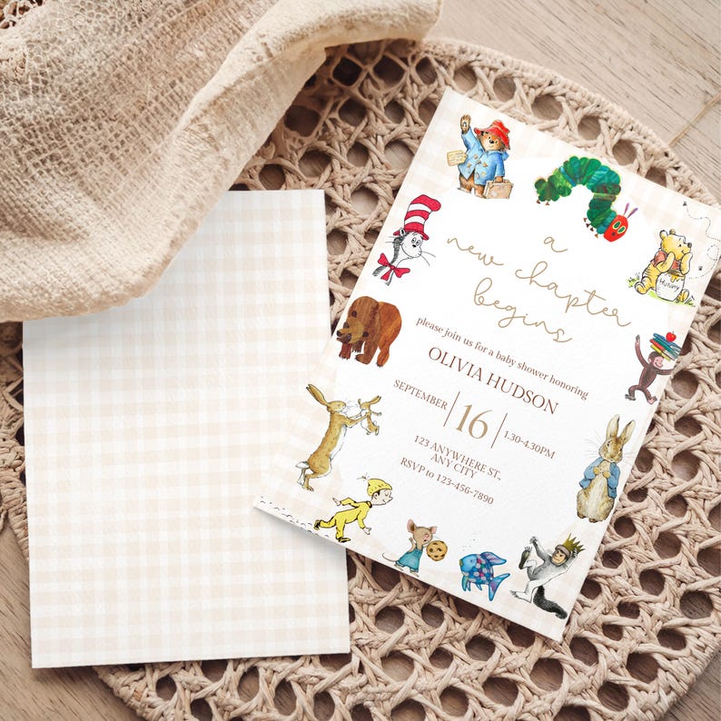 May include: Baby shower invitation with a beige gingham pattern and the text "a new chapter begins." The invitation features illustrations of storybook characters. The date is September 16th, with the time and location details included.