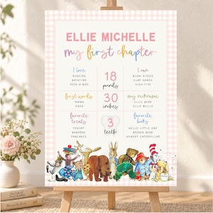 May include: A milestone sign titled Ellie Michelle My First Chapter with a pink gingham border. It lists stats including 18 pounds, 30 inches, and 3 teeth, alongside categories like I love, I can, first words, nickname, treats, and books with illustrations of classic storybook characters.