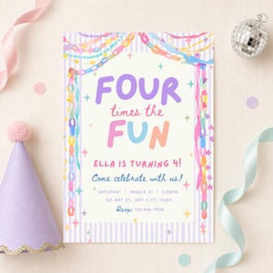 Pode incluir: Um cartão de convite de aniversário retangular com borda listrada em roxo claro, guirlandas de correntes de papel coloridas e detalhes de estrelas. O texto diz: FOUR times the FUN, ELLA IS TURNING 4!, Come celebrate with us!, SATURDAY | MARCH 27 | 2:00PM, 123 ANY ST., ANY CITY, 12345, Rsvp: 123-456-7890.