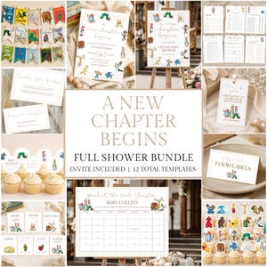 May include: A baby shower stationery bundle featuring storybook character illustrations, including invitations, welcome signs, cupcake toppers, food labels, and game cards with the text A New Chapter Begins and various event details.