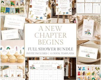A New Chapter Begins Baby Shower Bundle, Storybook Baby Shower Decor, Book Theme Shower Games, Signs & Invite, Canva Templates