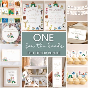 May include: A selection of party decorations with illustrations from children's books. Includes banners, signs, cupcake toppers, and thank you cards. The theme is "One for the Books" and includes the text "Welcome to Anna's first birthday!" and "Happy Birthday".