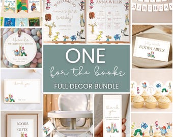 One for the Books First Birthday Decor Full Bundle | Storybook Birthday Decorations, Signs & Cupcake Toppers | Editable Canva Templates