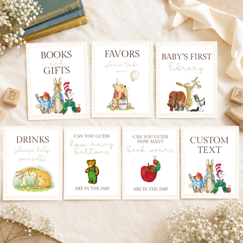 May include: Seven rectangular white cards with a light beige checkered border, each featuring classic storybook character illustrations and text. The cards display titles like Books and Gifts, Favors, Baby's First Library, Drinks, and various guessing game prompts.