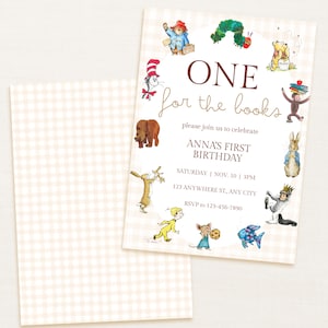 May include: A rectangular birthday invitation card with a light beige gingham border featuring illustrations of storybook characters including Paddington Bear, The Very Hungry Caterpillar, Winnie the Pooh, and The Cat in the Hat, with text reading ONE for the books, ANNA'S FIRST BIRTHDAY, and event details.