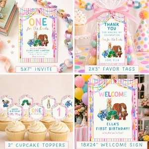May include: A collection of party stationery featuring storybook characters including a rabbit, a caterpillar, and a dog. Items include a 5x7 inch invitation, 2x3 inch favor tags, 2 inch cupcake toppers, and an 18x24 inch welcome sign with pastel stripes.