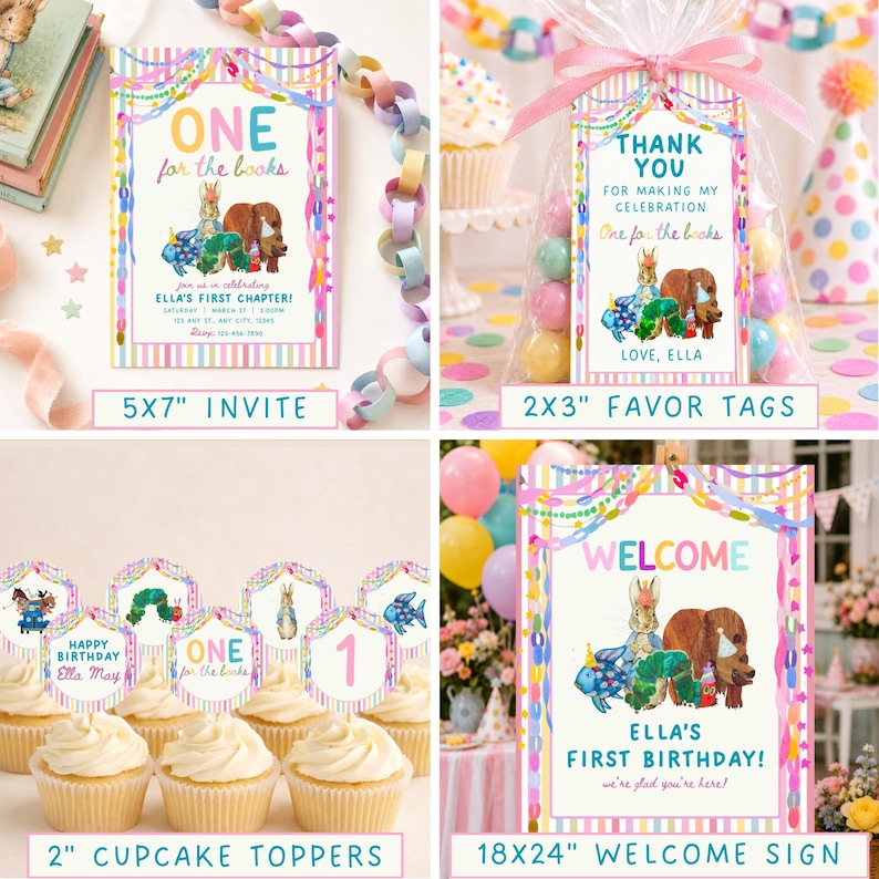 May include: A collection of party stationery featuring storybook characters including a rabbit, a caterpillar, and a dog. Items include a 5x7 inch invitation, 2x3 inch favor tags, 2 inch cupcake toppers, and an 18x24 inch welcome sign with pastel stripes.