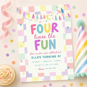 Op de afbeelding: Een rechthoekige verjaardagsuitnodigingskaart met een pastelkleurige geblokte rand, een slinger van kleurrijke kwastjes en de tekst "FOUR times the FUN, Join us for a fun celebration! ELLA'S TURNING 4! SATURDAY | MARCH 27 | 2:00PM 123 ANY ST., ANY CITY, 12345 RSVP: 123-456-7890."