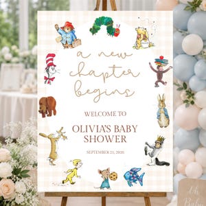A New Chapter Begins Welcome Sign | Storybook Baby Shower Welcome Sign Template | Editable Canva Baby Shower Sign