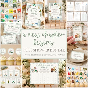 May include: A digital baby shower stationery bundle featuring a light green gingham pattern and illustrations of classic storybook characters. The set includes invitations, games, signs, food labels, and cupcake toppers with the text A New Chapter Begins.