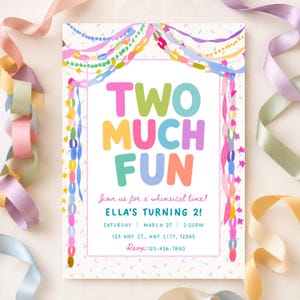 Könnte beinhalten: Eine rechteckige Geburtstagseinladungskarte mit bunten Papierketten-Girlanden und Konfetti. Der Text lautet: TWO MUCH FUN, Join us for a whimsical time!, ELLA'S TURNING 2!, SATURDAY | MARCH 27 | 2:00PM, 123 ANY ST., ANY CITY, 12345, Rsvp:123-456-7890.