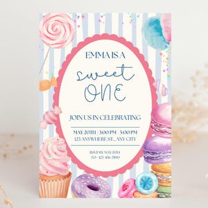 Sweet One 1st Birthday Invitation Girl: Editable Canva Template (5x7 inches Digital Download