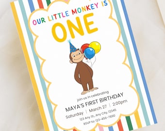 May include: A birthday invitation card featuring a striped border in red, yellow, green, and blue. The center displays a brown monkey wearing a blue party hat and holding three balloons. Text reads: OUR LITTLE MONKEY IS ONE, join us in celebrating MAYA'S FIRST BIRTHDAY, Saturday, March 27, 2:00pm, 123 Any St., Any City, 12345, RSVP to: 123-456-7890.