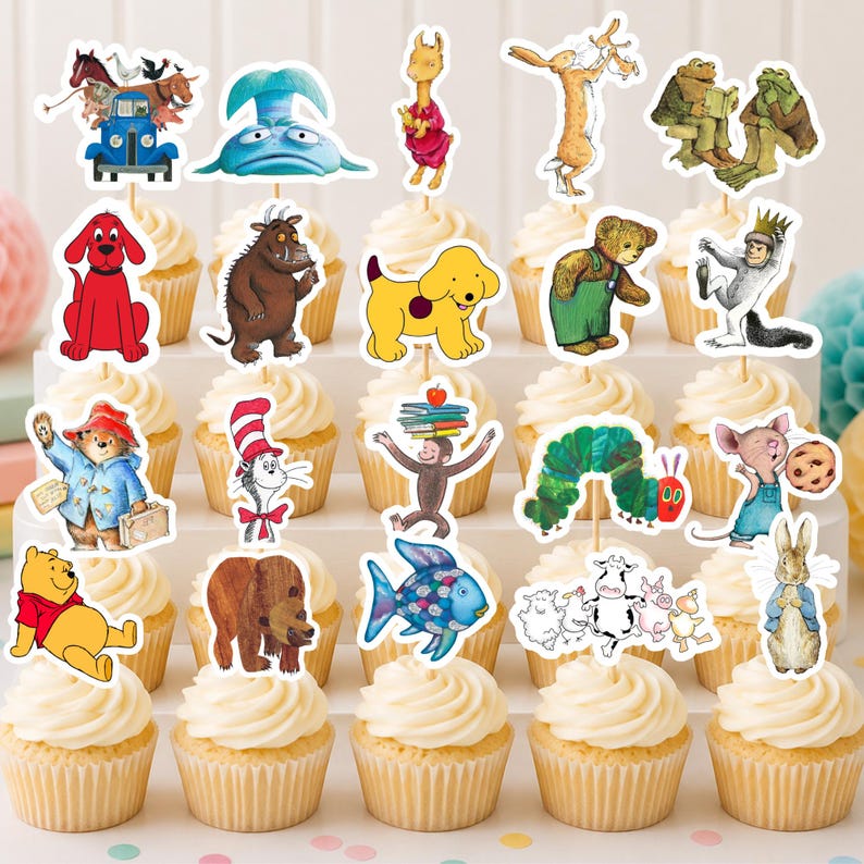 May include: A collection of twenty cupcake toppers featuring various illustrated children's book characters, including Clifford the Big Red Dog, Winnie the Pooh, The Very Hungry Caterpillar, and Peter Rabbit, each attached to a wooden pick.