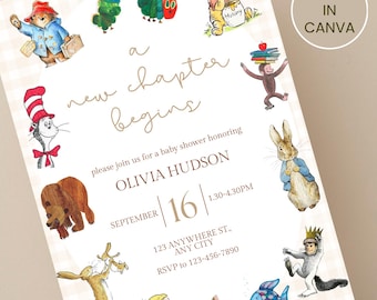 Inbjudan till babyshower | Ett nytt kapitel börjar | Inbjudan till babyshower med sagobok | Babyshower med boktema | Utskrivbar | Canva-mall