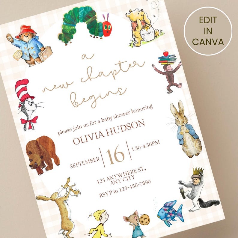 Baby Shower Invitation | A New Chapter Begins | Storybook Baby Shower Invite | Book Theme Baby Shower | Printable | Canva Template image 1