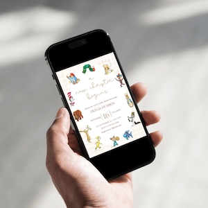 May include: A smartphone displaying a digital baby shower invitation with a light beige checkered background. The text reads a new chapter begins, please join us for a baby shower honoring Olivia Hudson, September 16, 1:30-4:30PM, 123 Anywhere St, Any City, RSVP to 123-456-7890, Registered at BabyList.com, surrounded by various colorful storybook character illustrations.