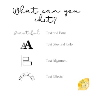 May include: White background with black text that reads "What can you edit?" followed by text options: "Text and Font", "Text Size and Color", "Text Alignment", and "Text Effects". A logo is in the bottom right corner.