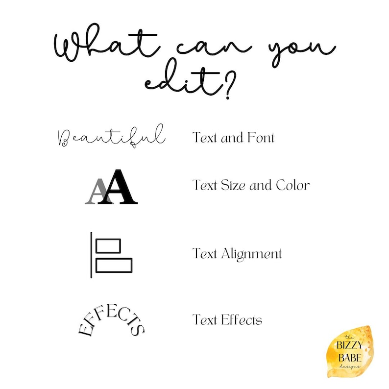 May include: White background with black text that reads "What can you edit?" followed by text options: "Text and Font", "Text Size and Color", "Text Alignment", and "Text Effects". A logo is in the bottom right corner.