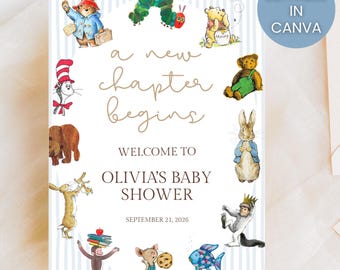 A New Chapter Begins Baby Boy Shower Invitation, Storybook Baby Shower Invite, Blue Book Theme Shower, Editable Canva Template