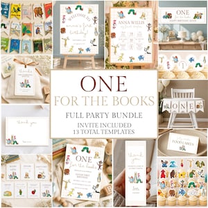 Peut inclure: Un ensemble de décorations de fête numériques illustré de personnages de livres pour enfants. Le kit comprend des bannières, des décorations pour cupcakes, des étiquettes alimentaires, des cartes de remerciement et des invitations.