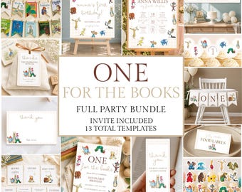 One for the Books First Birthday Decor Bundle, Storybook Birthday Party, Book Theme Invitation, Editable Canva Templates