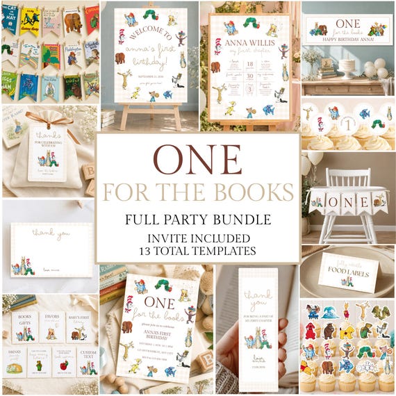 One for the Books First Birthday Decor Bundle, Storybook Birthday Party, Book Theme Invitation, Editable Canva Templates