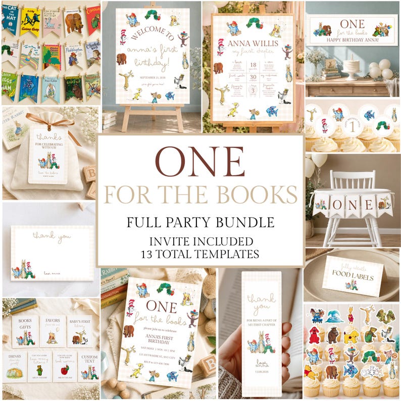 May include: A party decoration bundle featuring storybook character illustrations. Items include banners, cupcake toppers, food labels, thank you tags, and invitations with the text ONE FOR THE BOOKS, FULL PARTY BUNDLE, 13 TOTAL TEMPLATES.