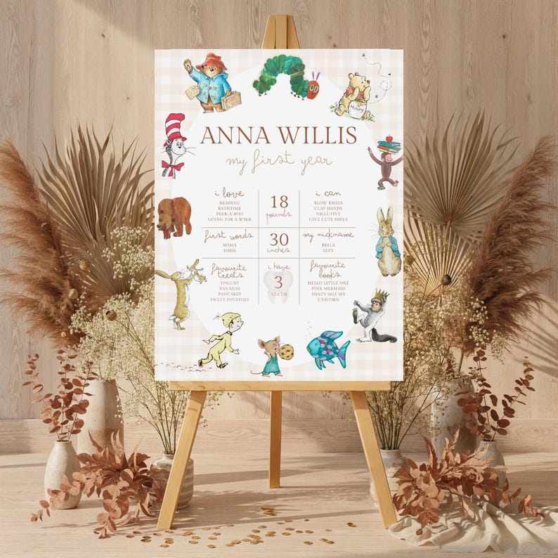 May include: A baby milestone sign displayed on an easel, featuring the name "ANNA WILLIS" and the text "my first year." The sign includes illustrations of storybook characters, measurements of 76 cm, and 8 kg.