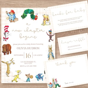 A New Chapter Begins Baby Shower Invitation Bundle | Neutral Book Baby Shower Invite | Editable Canva Template | Storybook Shower Set