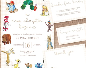 A New Chapter Begins Baby Shower Invitation Bundle | Neutral Book Baby Shower Invite | Editable Canva Template | Storybook Shower Set