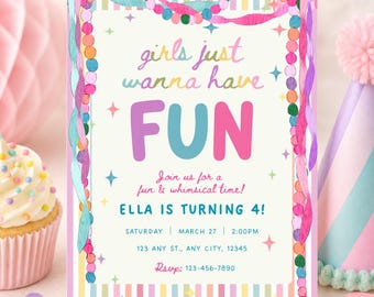 Puede incluir: Una tarjeta de invitación de cumpleaños rectangular con un borde de rayas pastel, guirnaldas estilo acuarela y detalles de estrellas. El texto dice: girls just wanna have FUN, Join us for a fun & whimsical time!, ELLA IS TURNING 4!, y los detalles.