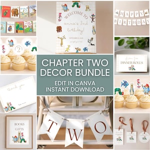 Chapter Two Birthday Bundle | 2nd Birthday Storybook Party Decor | Book Theme Birthday Decorations | Canva Editable