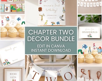 Chapter Two Birthday Bundle | 2nd Birthday Storybook Party Decor | Book Theme Birthday Decorations | Canva Editable