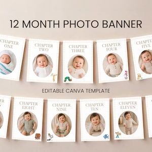 May include: A 12-month photo banner with individual cards, each featuring a baby photo and the month's chapter number. The banner includes the text "12 MONTH PHOTO BANNER" and "EDITABLE CANVA TEMPLATE". The cards have a beige gingham border.